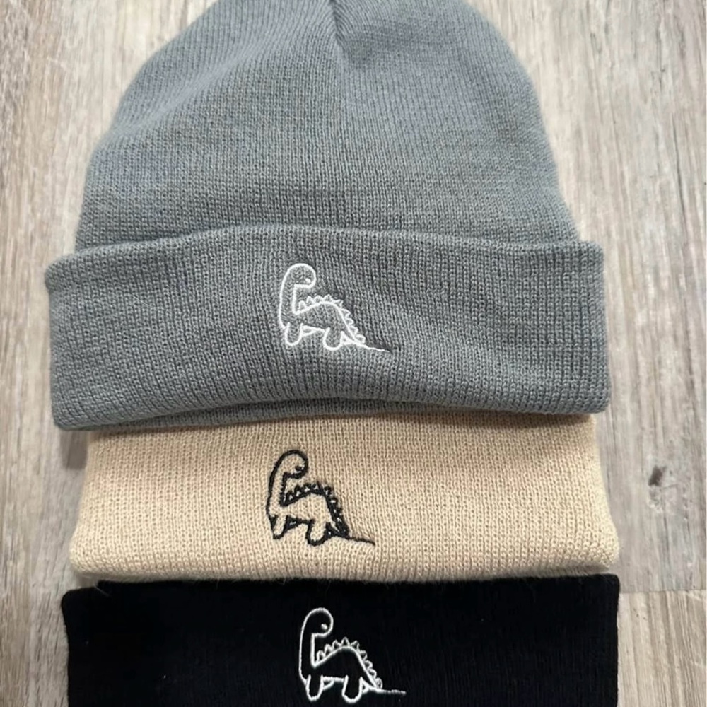 Kids Dinosaur Embroidered Beanie Set - Gray, Tan, Black